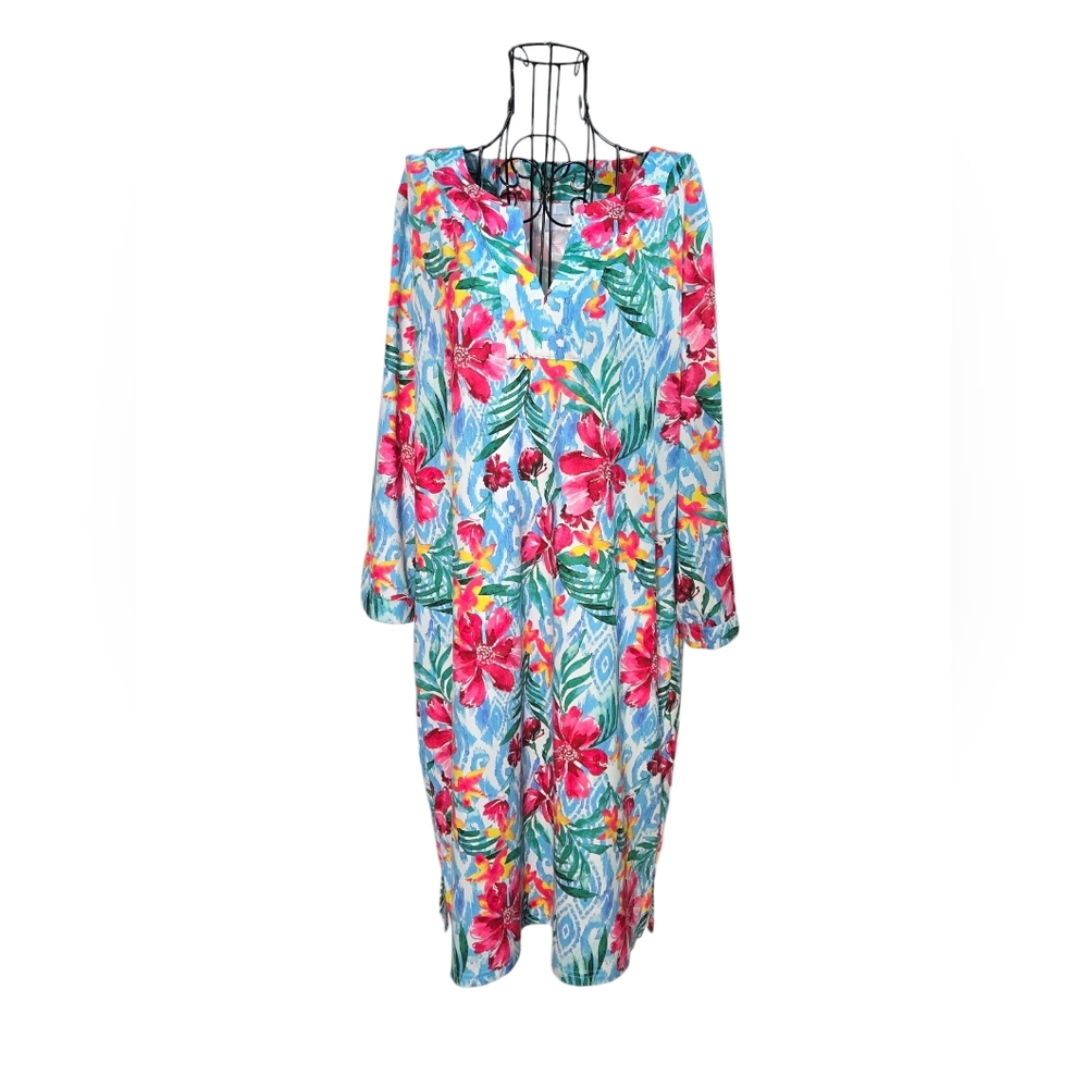 Stella Parker Tropical Floral Resort Shift Dress Size Large Blue Pink Vacation